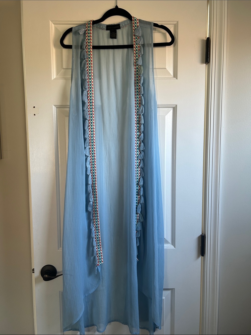 OSFM Steve Madden Light Blue Sleeveless Sheer Duster with Tassel Trim